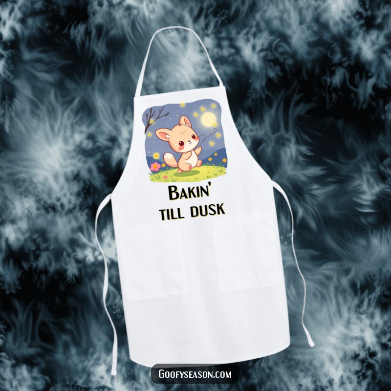 Funny kawaii animal character playfully chasing luminous fireflies on a warm summer night, printed on a charming kitchen apron.