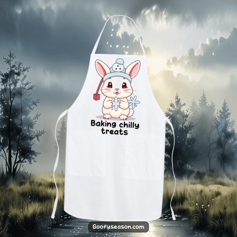 Funny apron showing a cute bunny wearing a tiny snowman hat and holding a melting snowflake, adding adorable winter charm to kitchen tasks.