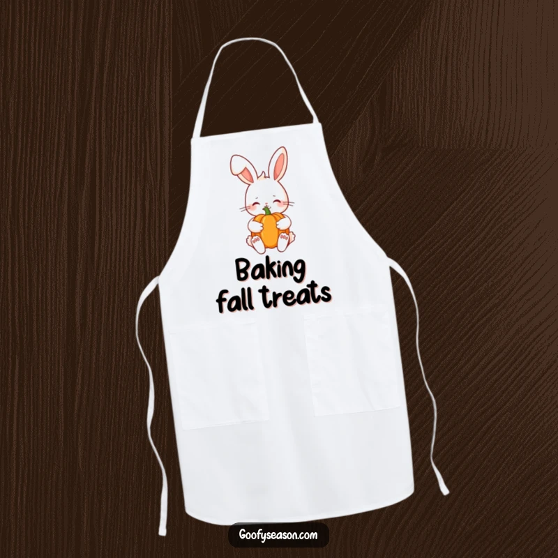 Funny Kawaii bunny with a shy smile holding a pumpkin, ready for kitchen duty on a cute cooking apron.