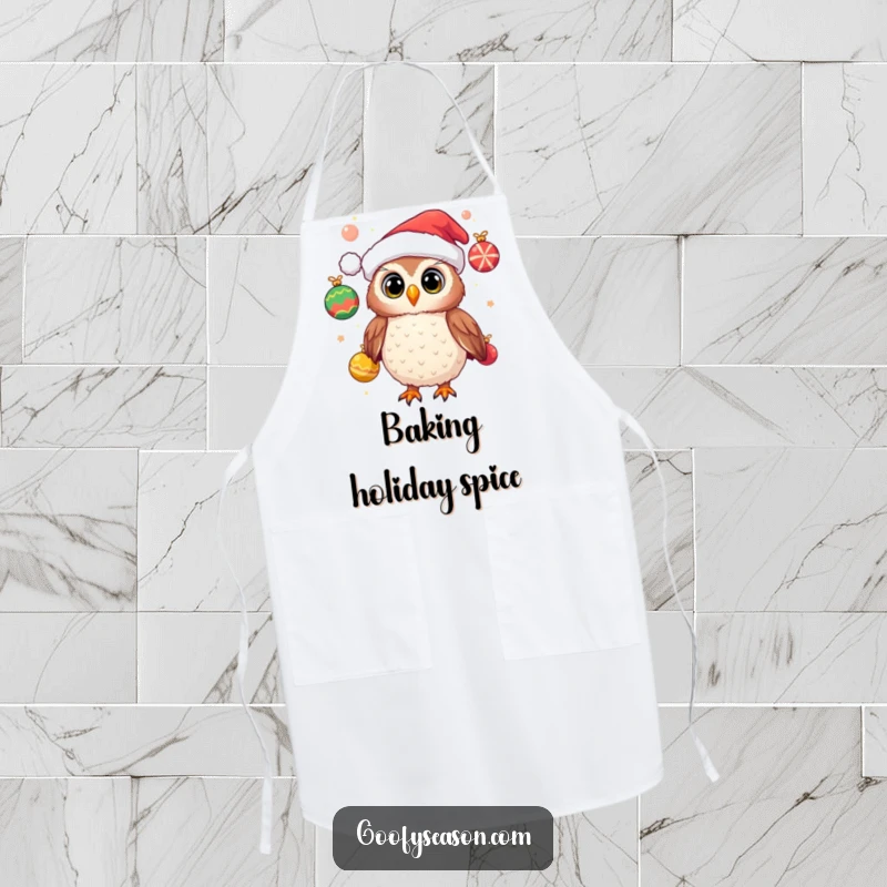 Funny apron showing a cheerful owl wearing a Santa hat and juggling festive ornaments, adding festive cheer to kitchen tasks.