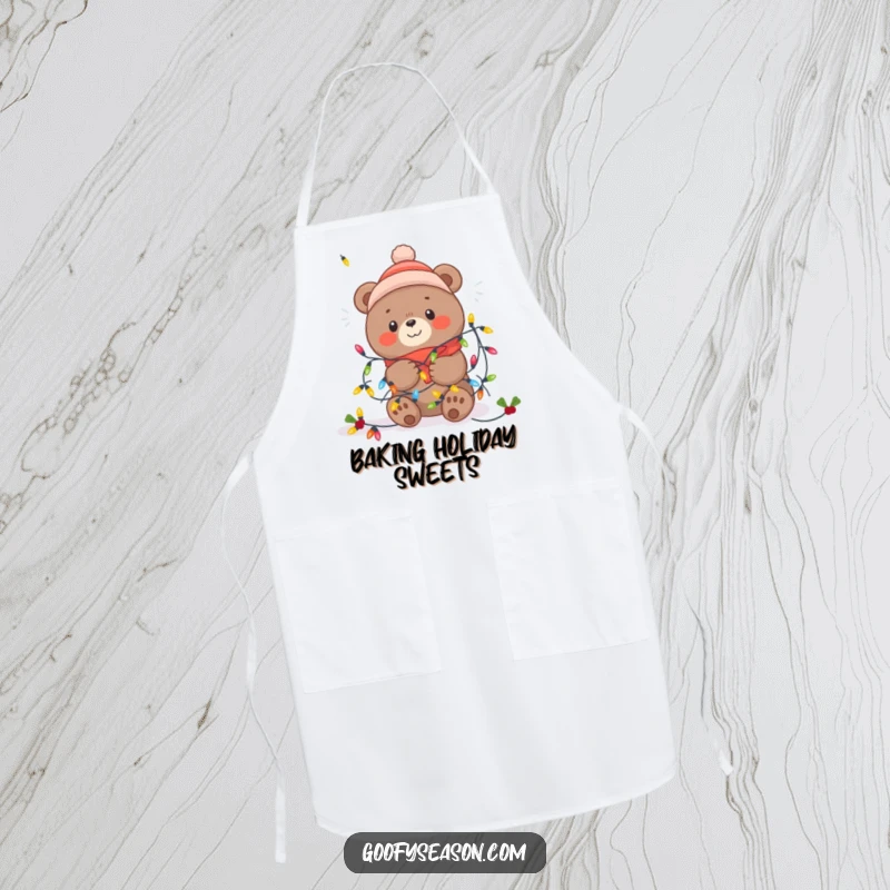 Funny Kawaii bear adorably caught in festive winter lights, ready for kitchen duty on a humorous apron.
