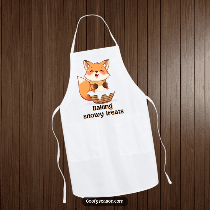 Funny Fox Apron: A smiling fox enthusiastically catching falling snowflakes in a basket, ready for winter kitchen tasks.