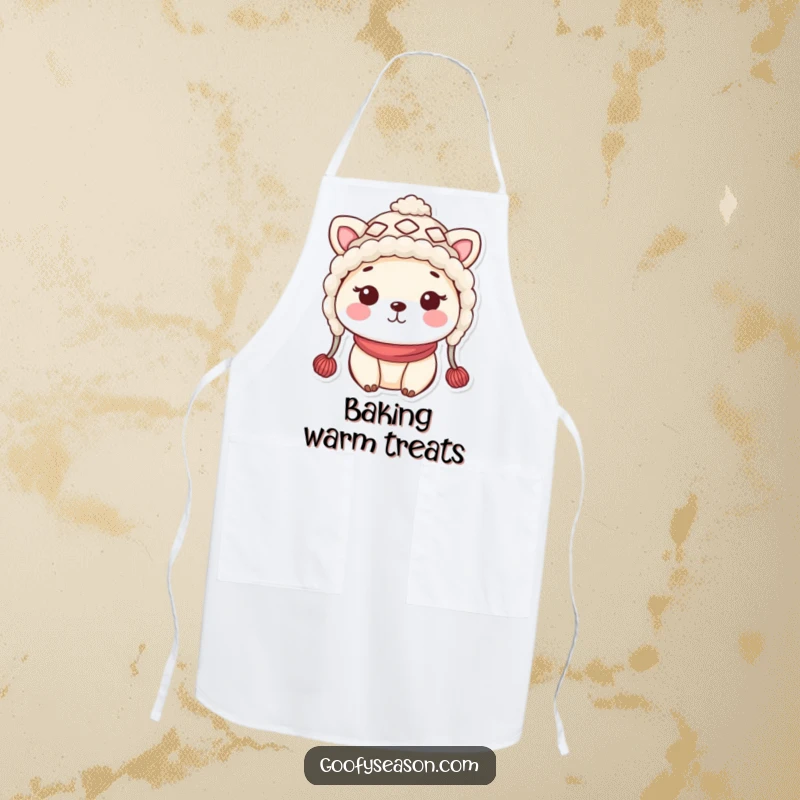 Funny kawaii animal character in a silly woolly hat with rosy cheeks, ready for kitchen duties in this apron.