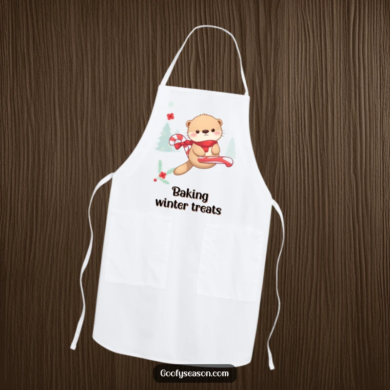 Funny Kawaii otter floating on a candy cane during winter merriment on a whimsical apron, perfect for kitchen duty.