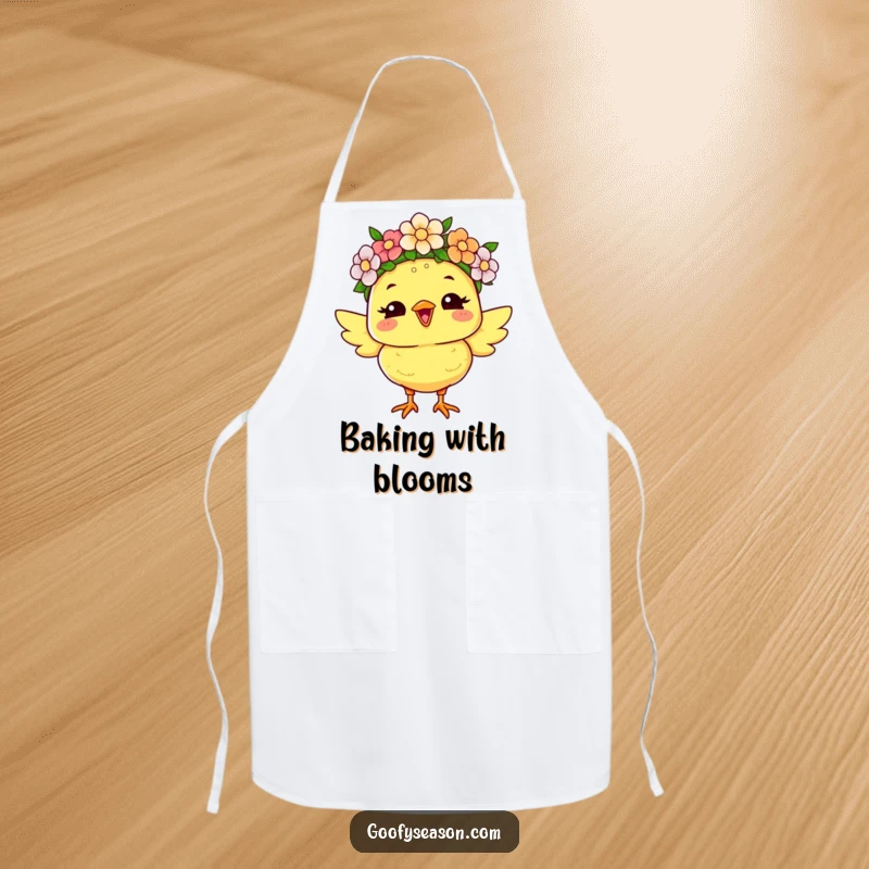Funny apron featuring a joyous chick character in a flower crown, perfect for humorous kitchen tasks and adding spring flair.