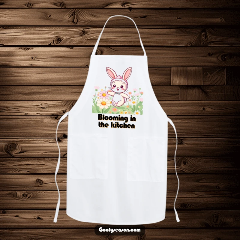 Funny bunny apron showing a cheerful rabbit in a spring bonnet, hopping through a field of oversized flowers while cooking.