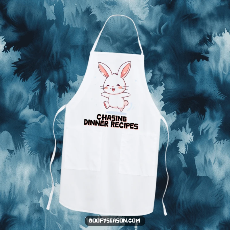 Funny apron featuring an energetic rabbit character chasing snowflakes, ideal for humorous kitchen tasks during winter.