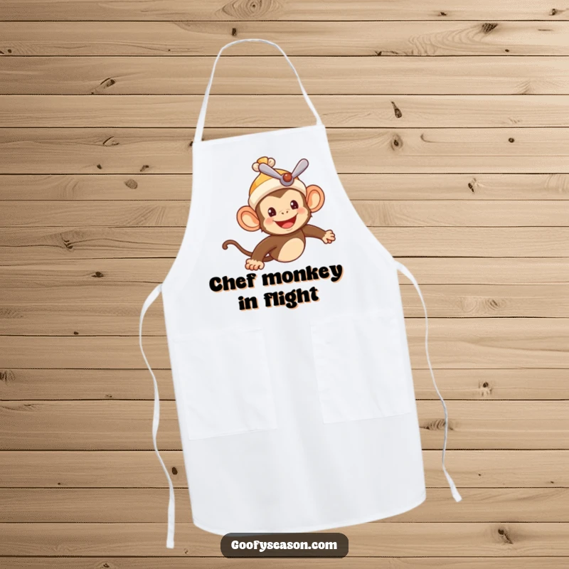 Funny apron showing a cheerful monkey pilot in a propeller beanie, flying across a summer sky, perfect for kitchen adventures.
