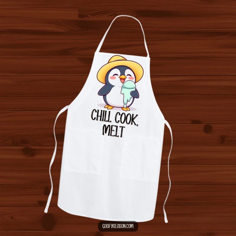 Funny Apron: A happy penguin wearing a sun hat holds a melting ice cream cone while cooking.
