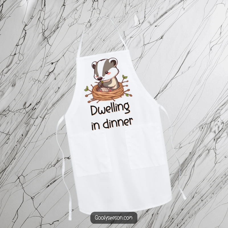 Funny apron featuring a clever badger character building a cozy nest with twigs, ideal for humorous kitchen tasks and home crafts.