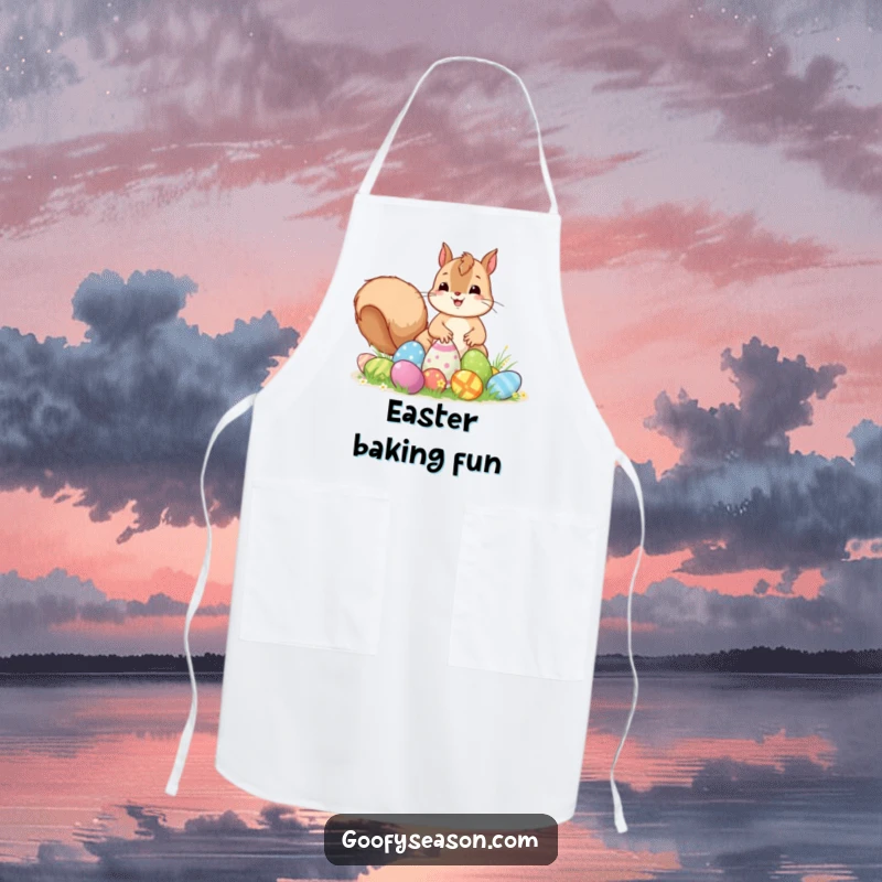Funny Kawaii squirrel excitedly placing colorful Easter eggs, ready for kitchen duty on a cute apron.