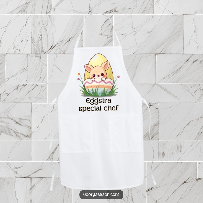 Funny kawaii animal character peeking from behind a colorful Easter egg, ready for kitchen fun in this apron.