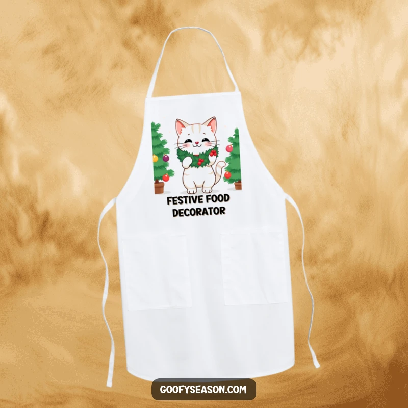 Funny apron showing a cheerful cat wearing a wreath, while decorating a Christmas tree with holiday ornaments.