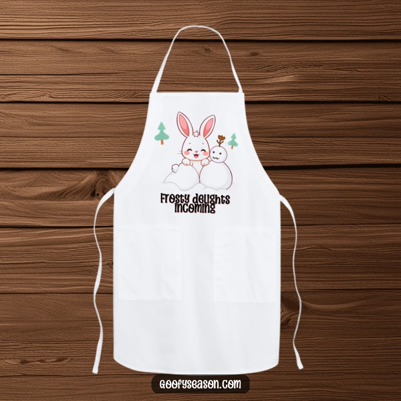 Funny Kawaii bunny apron showing a cute character with a mischievous grin building a snowman, perfect for baking.