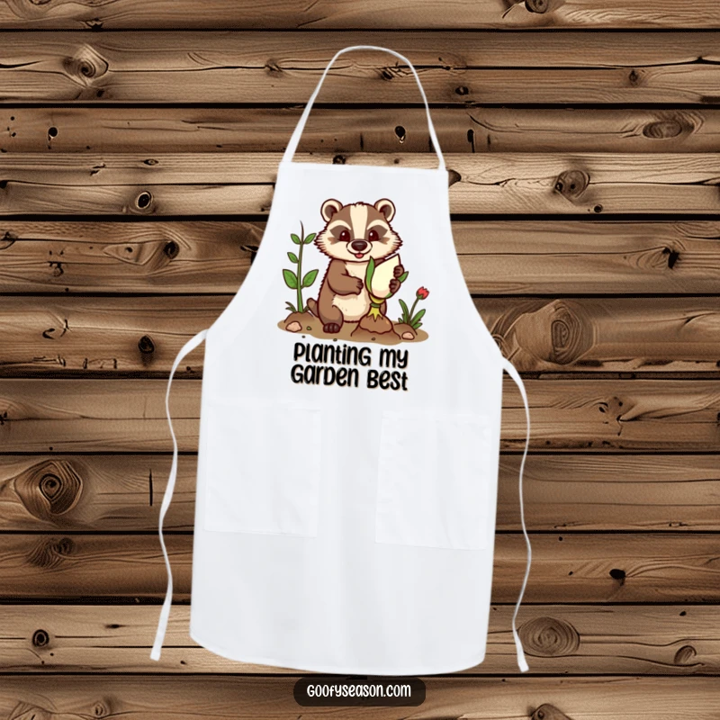 Funny apron showing a determined badger wearing gardening gloves, planting a giant bulb.