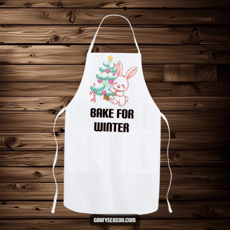 Funny bunny character decorating a snow-covered tree with candy, designed on a functional apron for festive kitchen activities.