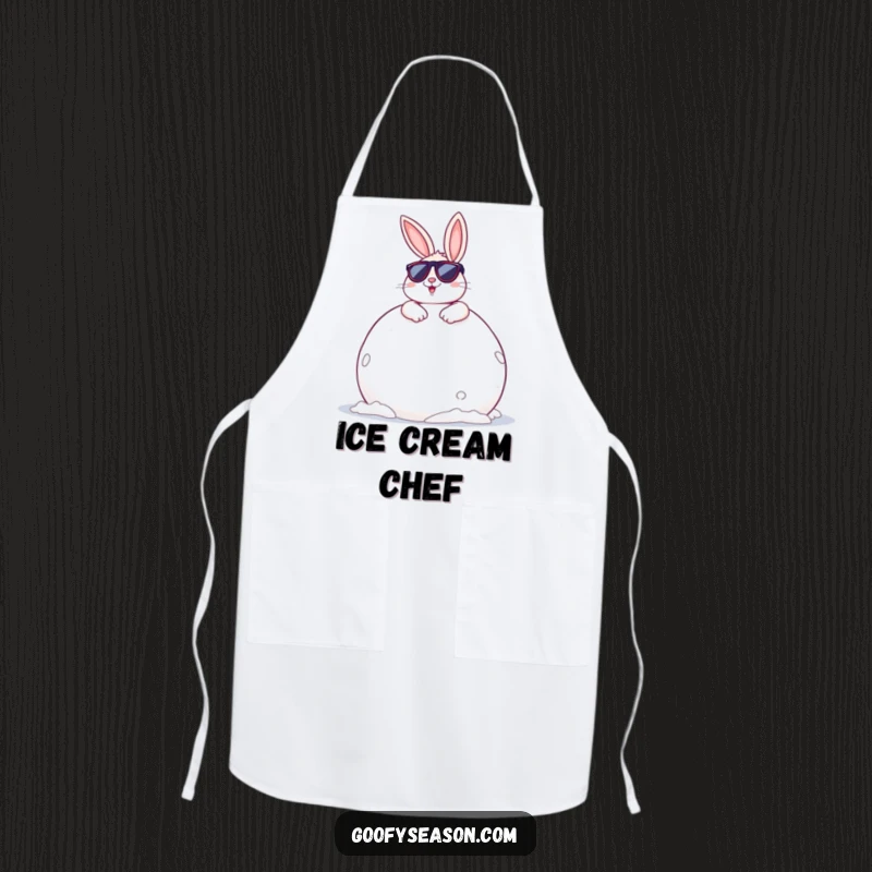 Funny Bunny Apron: A cheerful bunny wearing sunglasses, lounging on a giant snowball, ready for cool kitchen tasks.