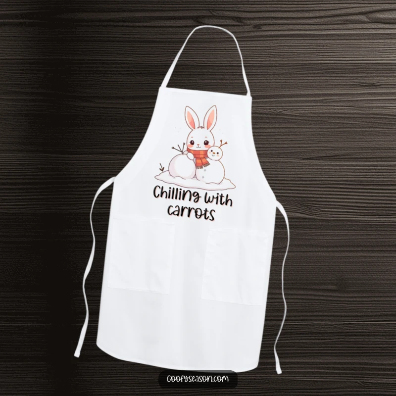 Funny apron for cooking, showing a curious bunny wearing a scarf building a snowman, perfect for winter kitchen fun.