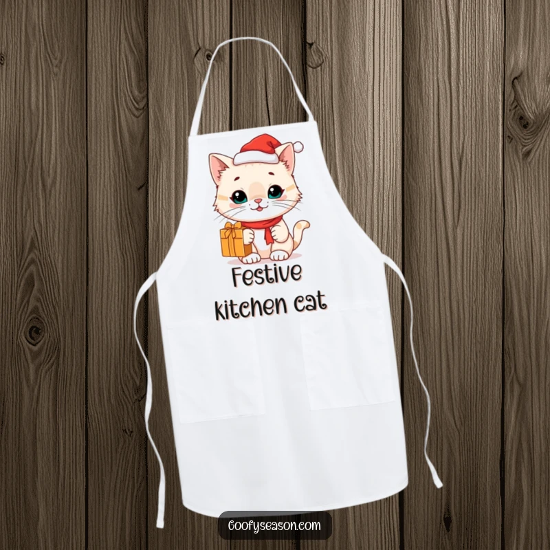 Funny cat in a Santa hat with a gift on a kitchen apron, ready for festive cooking, funny gift.