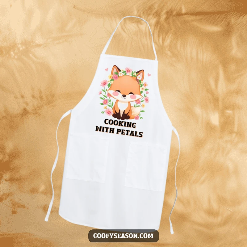 Funny apron showing a happy fox wearing a spring wreath, surrounded by blooming flowers, adding cheerful spring vibes to kitchen tasks.