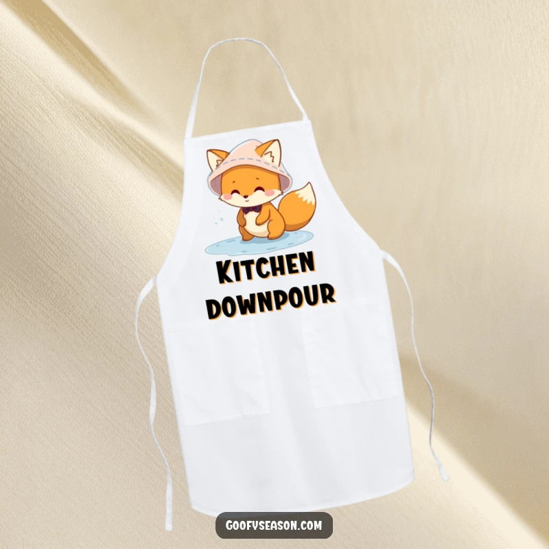 Funny mischievous fox character wearing a rain hat, playing in puddles on a kitchen apron, adding a playful rainy day theme.