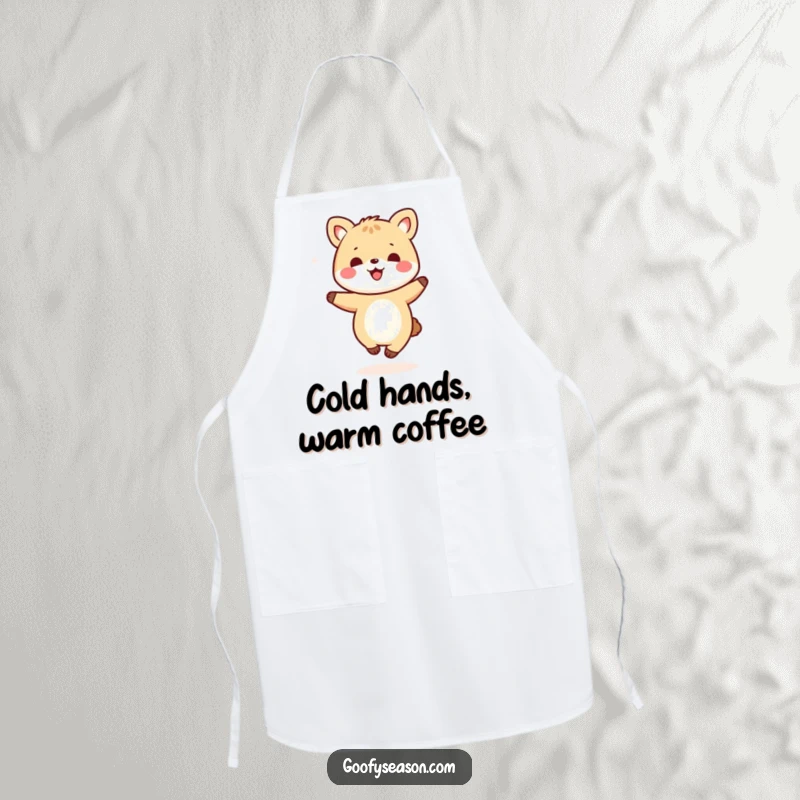 Funny kawaii animal character happily dancing amidst falling snowflakes, adorning a functional and cheerful kitchen apron.
