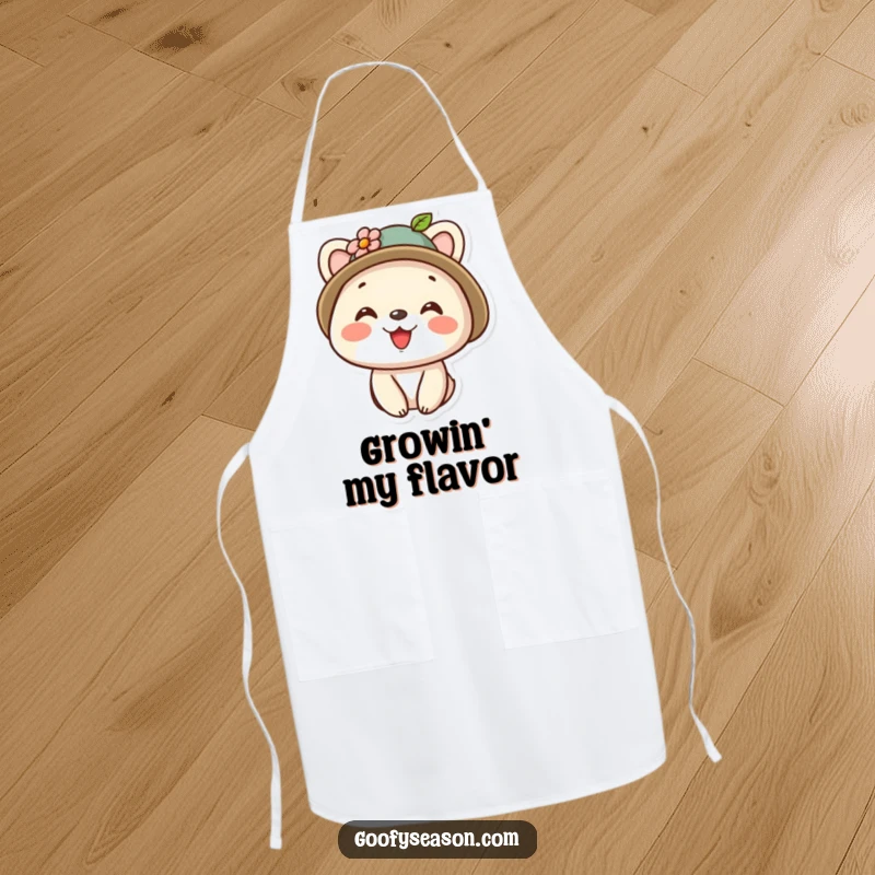 Funny kawaii animal character wearing a cute hat with a flower, smiling brightly, printed on a functional and stylish apron.