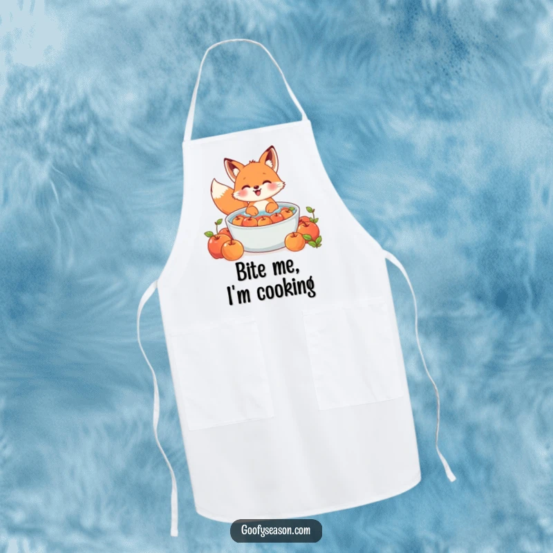 Funny Kawaii fox apron showing a cute character gleefully bobbing for apples in a large tub, perfect for cooking.
