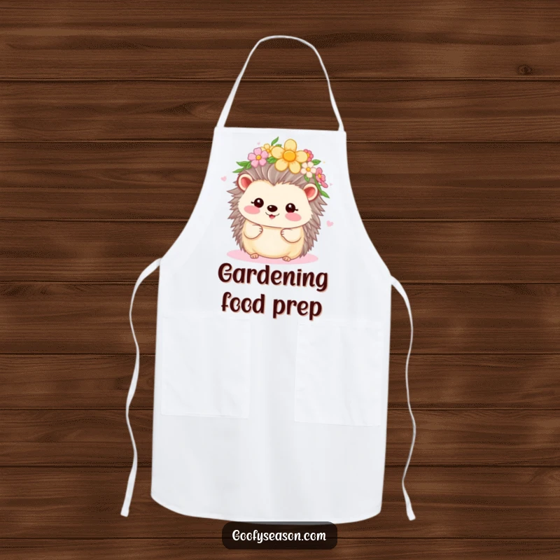 Funny Kawaii hedgehog with a flower crown, beaming during spring, on a whimsical apron, perfect for gardening or baking.