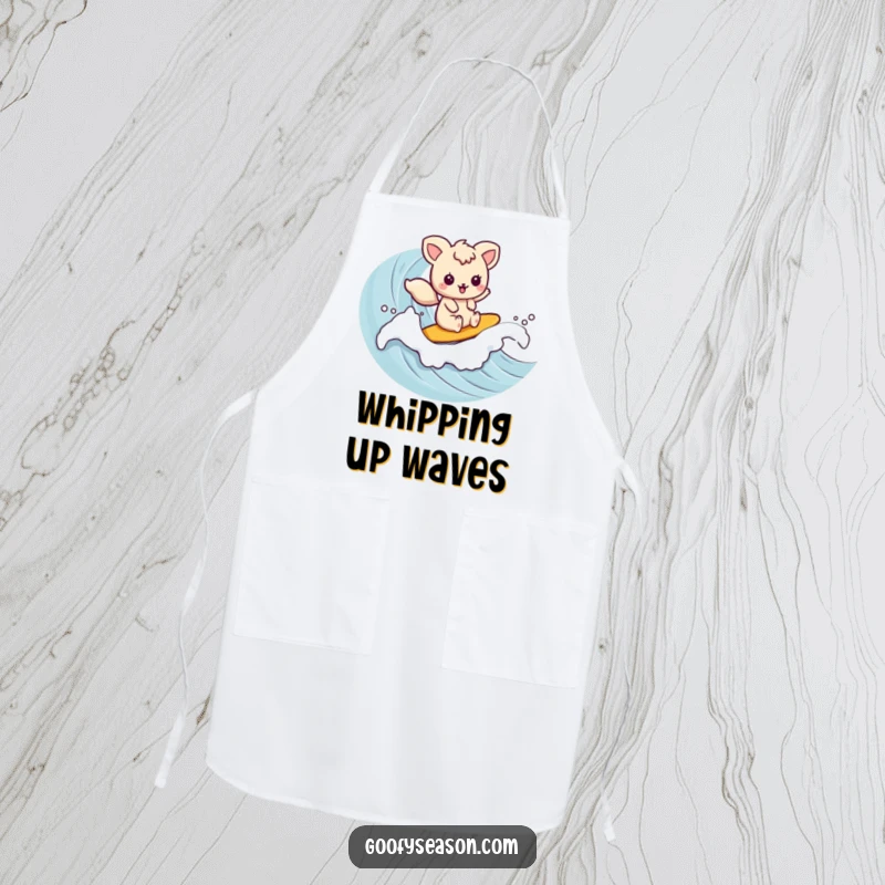 Funny kawaii animal character surfing a wave, ready to cook up a storm in this amusing kitchen apron.