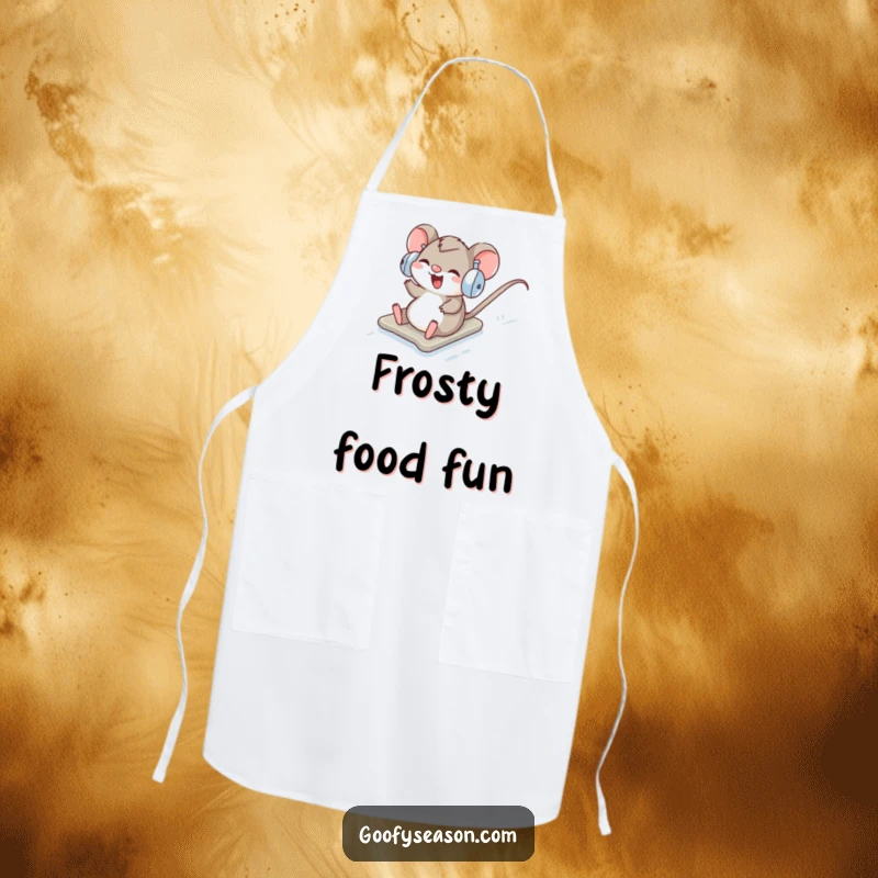 Funny Apron: A giggling mouse in earmuffs slides down a snowy hill, ready to cook.