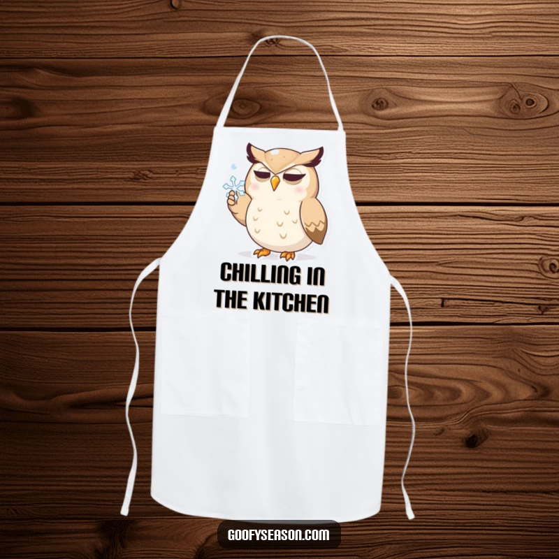 Funny apron for cooking, showing a determined owl character trying to catch a snowflake with its beak, perfect for kitchen humor.