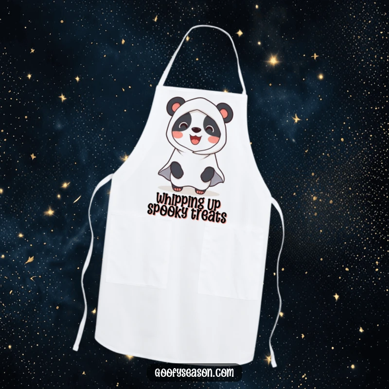 Funny Panda Ghost Apron: A smiling panda dressed as a ghost for Halloween, a humorous and protective garment for spooky baking.