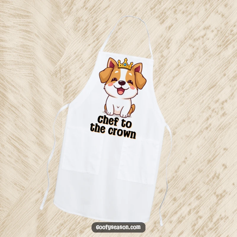 Funny dog wearing a crown and celebrating a royal feast on a cooking apron, bringing humor to the kitchen.