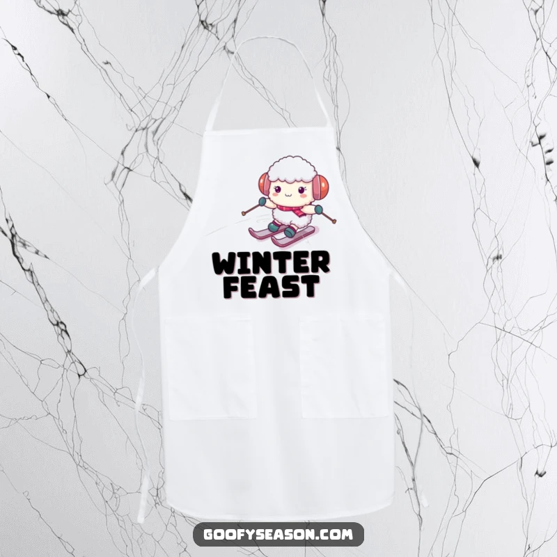 Funny sheep character wearing earmuffs, skiing down a snowy hill on a kitchen apron, adding a playful winter theme to cooking.