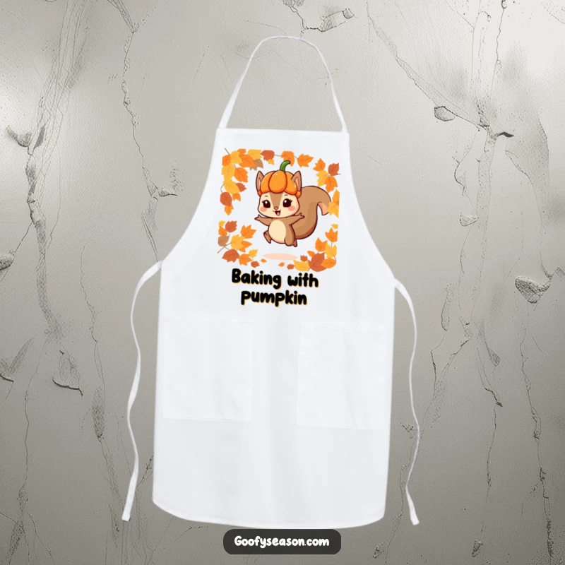 Funny apron showing a playful squirrel in a pumpkin hat jumping through autumn leaves, ideal for kitchen protection with seasonal fun.