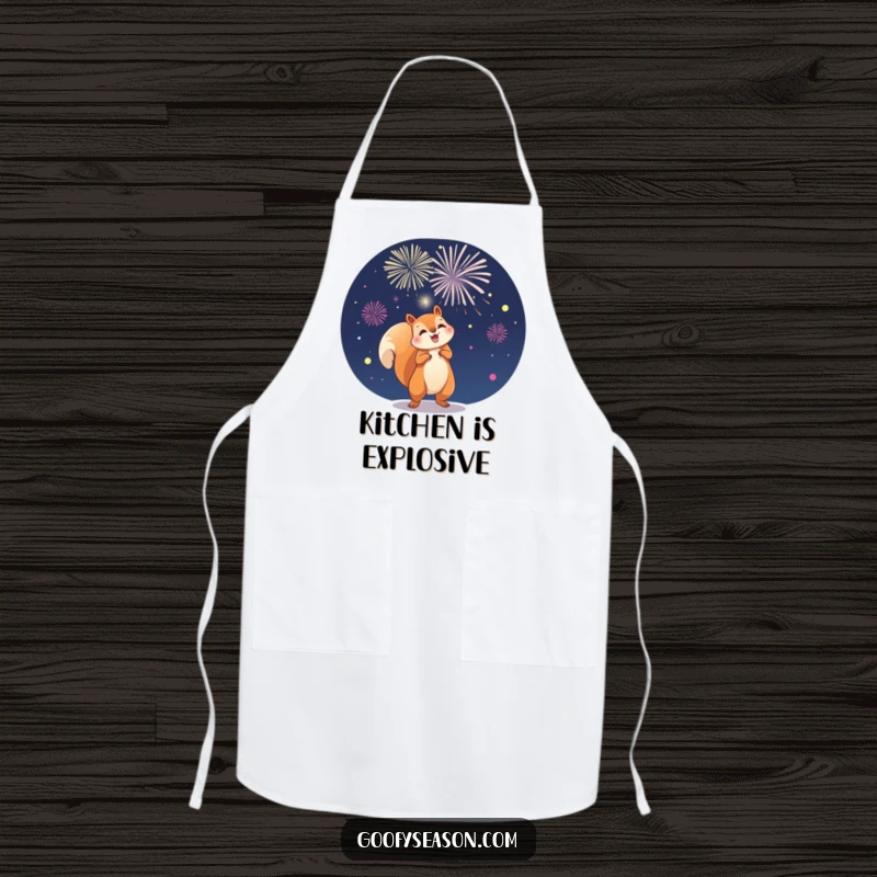 Funny apron showing a playful squirrel launching fireworks in the night sky, ready for festive culinary creations.