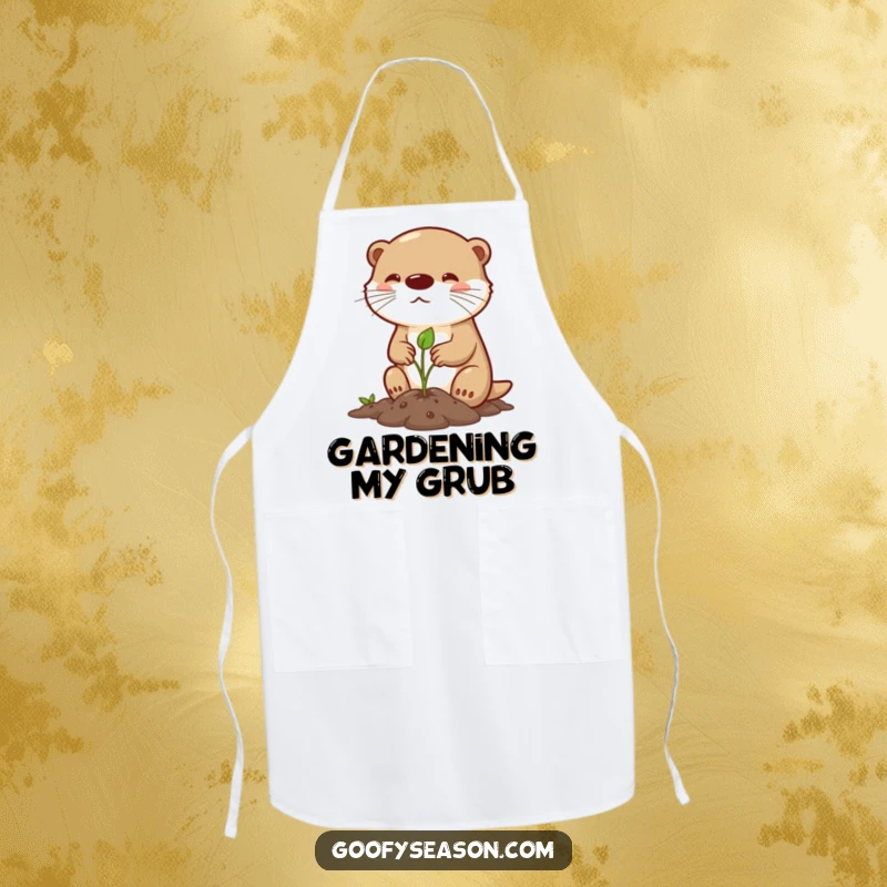 Funny apron featuring a determined otter character planting a sprout in spring, perfect for humorous kitchen or garden protection.