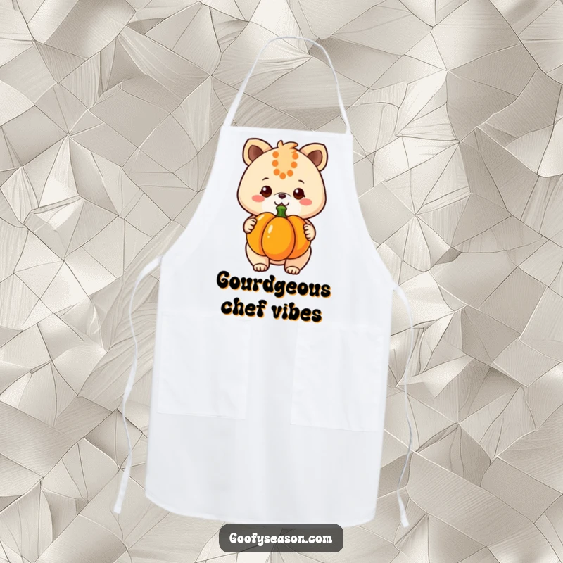 Funny kawaii animal character wearing a chef hat, holding a pumpkin with a grin, featured on this fun kitchen apron.