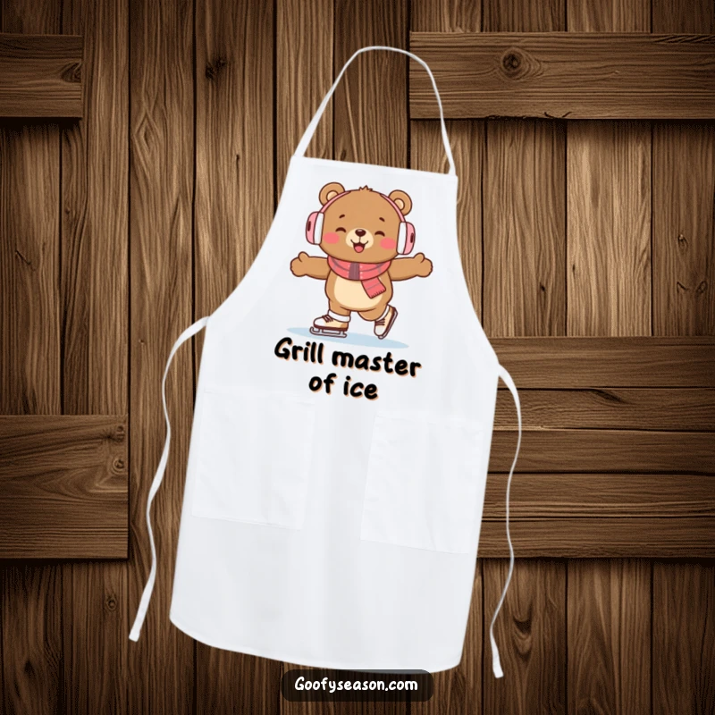 Funny bear character wearing earmuffs, ice skating enthusiastically on a cooking apron, bringing winter laughs.
