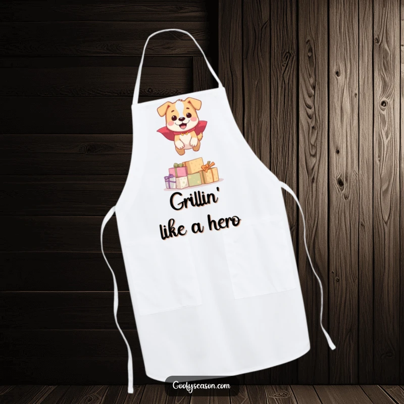 Funny happy dog wearing a cape, leaping over presents, on a durable apron, a funny kitchen gift.