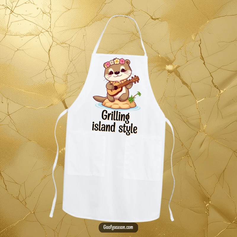 Funny otter apron with a cute otter wearing a lei playing a ukulele on a tiny island. Ideal for tropical cooking.
