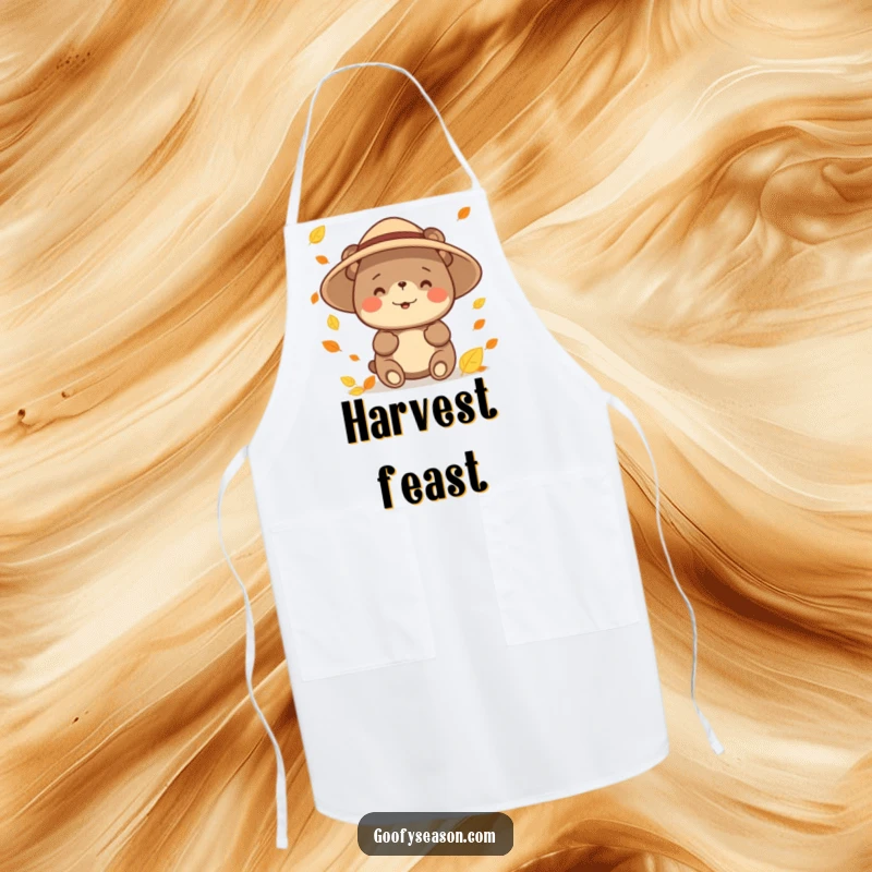 Funny happy bear character wearing a sun hat, catching falling leaves on a kitchen apron, adding a playful autumn theme.
