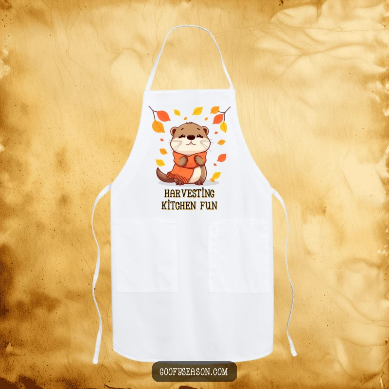 Funny Apron: A curious otter in a scarf watches falling autumn leaves while cooking.
