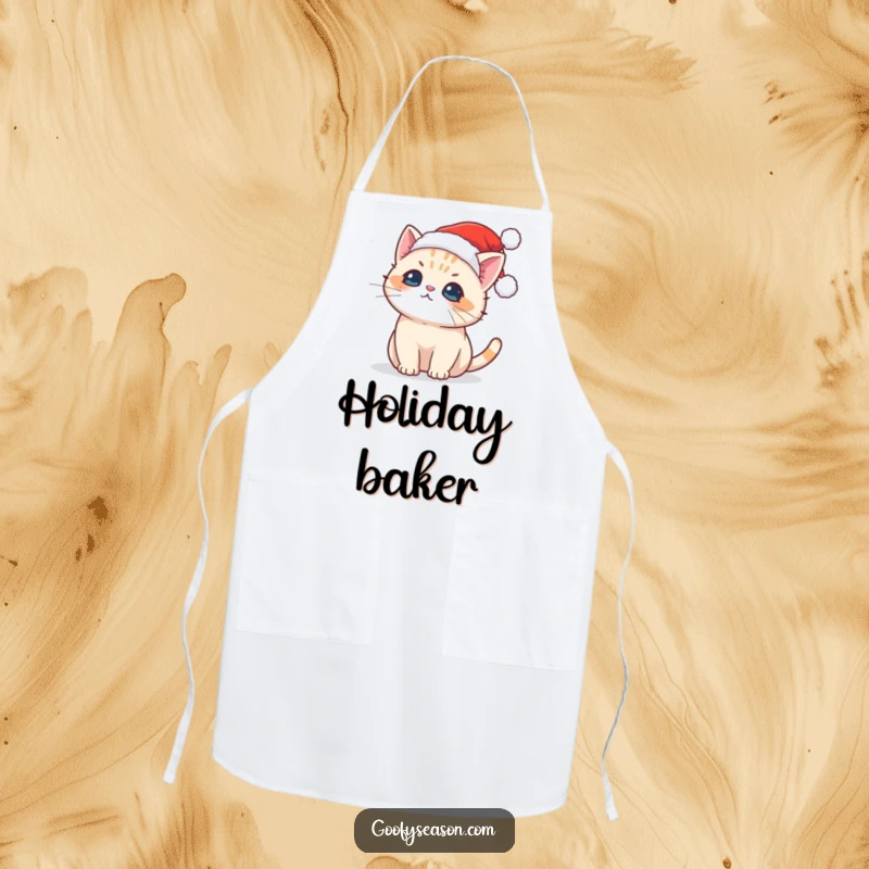 Funny apron showing a cute Kawaii cat in a Santa hat catching snowflakes, perfect for holiday cooking.