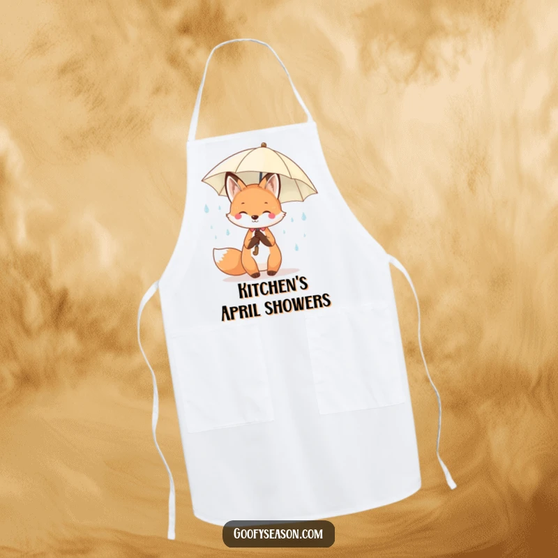 Funny Kawaii fox with an umbrella, surrounded by cheerful spring raindrops, on a cute and functional apron.