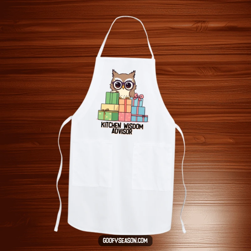 Funny owl wearing spectacles, peeking behind presents, on a durable apron, a funny kitchen gift.