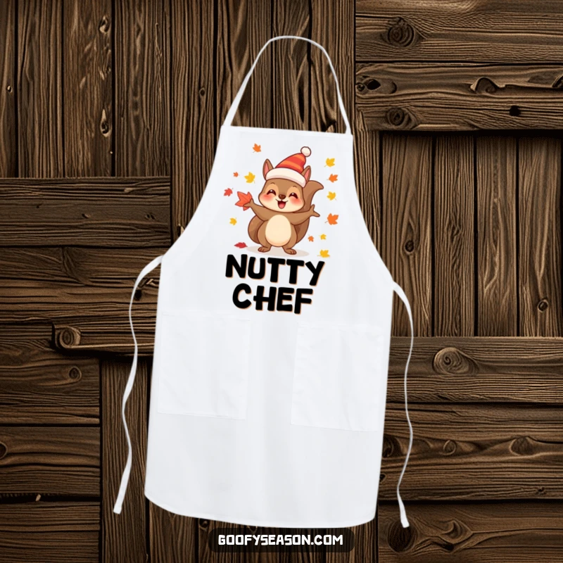 Funny Apron: Joyful squirrel character in a festive hat, juggling colorful autumn leaves, perfect for fall baking.