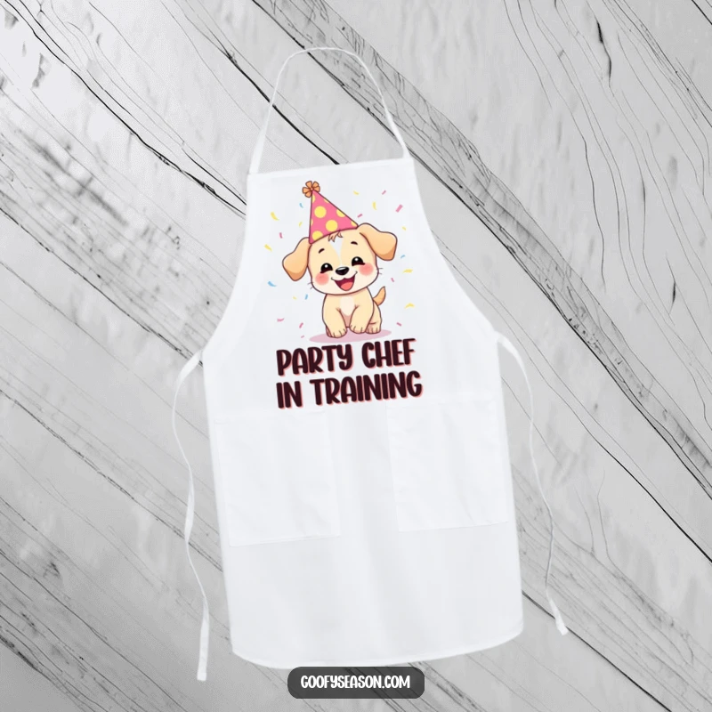Funny apron showing a giggling puppy wearing a party hat, surrounded by festive falling confetti.