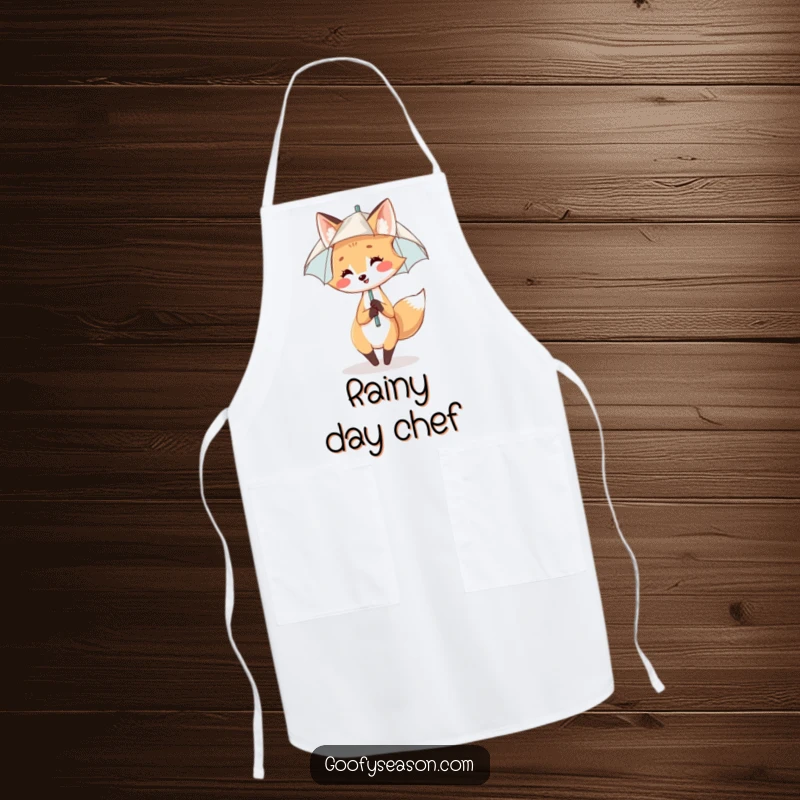 Funny Apron: A smiling fox wears a tiny umbrella and dances in the gentle rain while cooking.